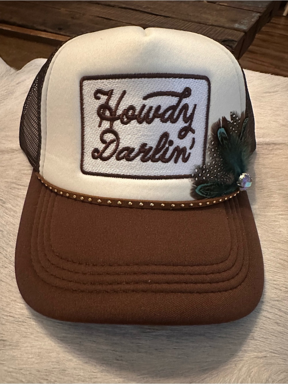 Howdy Darlin' Embroidered Trucker Hat - Brown & Cream